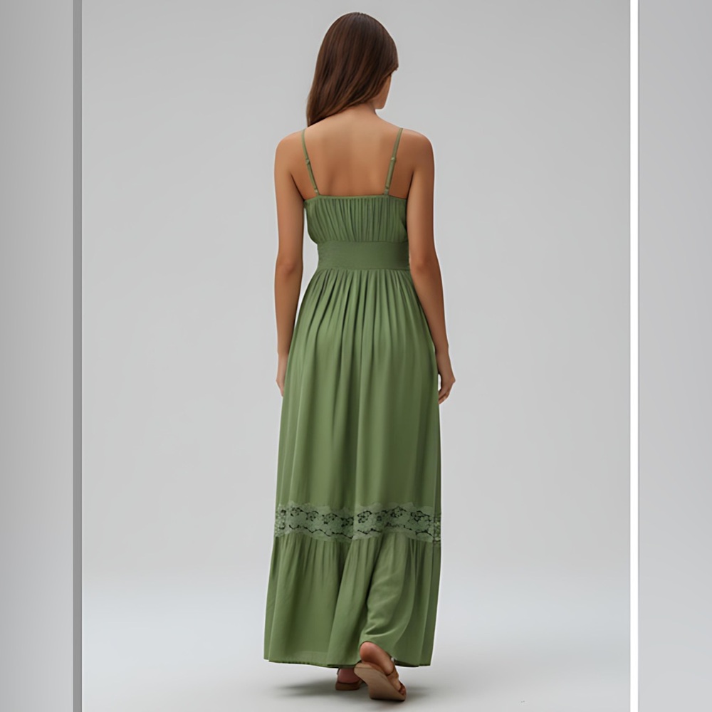 Boho Shirred Ruffle Lace Hem Maxi Dress Green - Picture 4 of 9